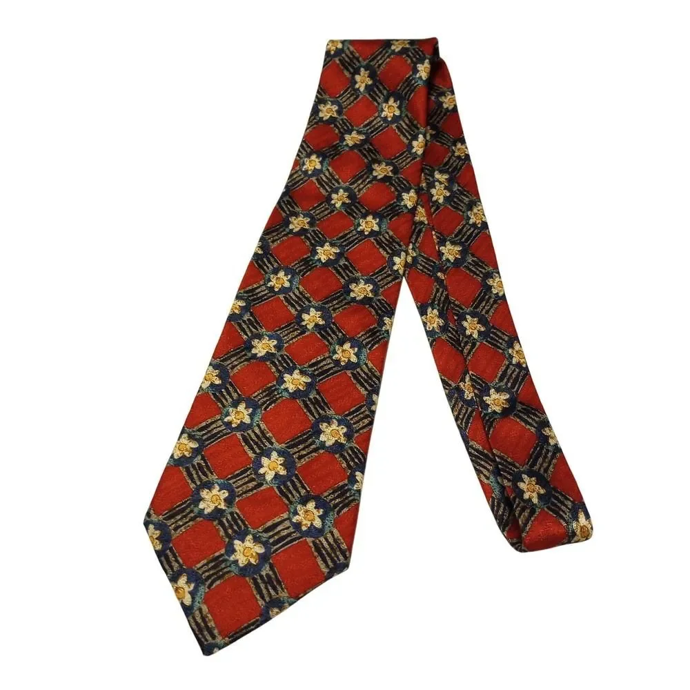 Austin Reed Mens Red Silk Tie Geometric Floral Lattice Navy Gold Pattern Necktie